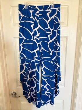 Coldesina 3X Blue White Abstract Print Overlay Wide Leg Pants Plus Size